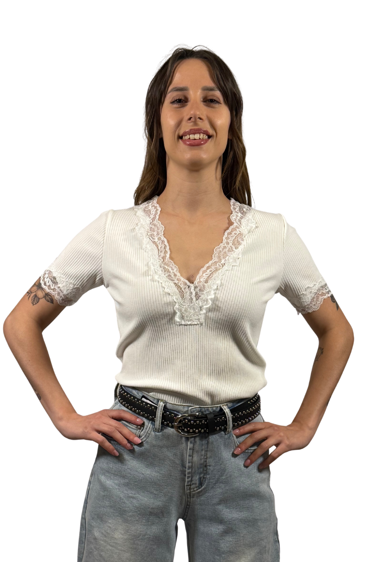 Maglia a coste con pizzo