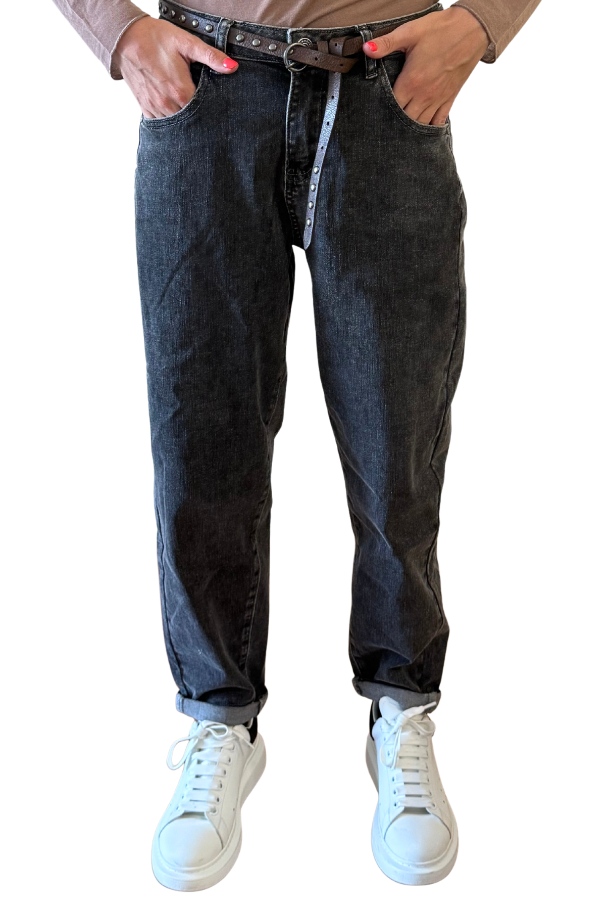 Jeans Baggy Grigio con Cintura in Vita