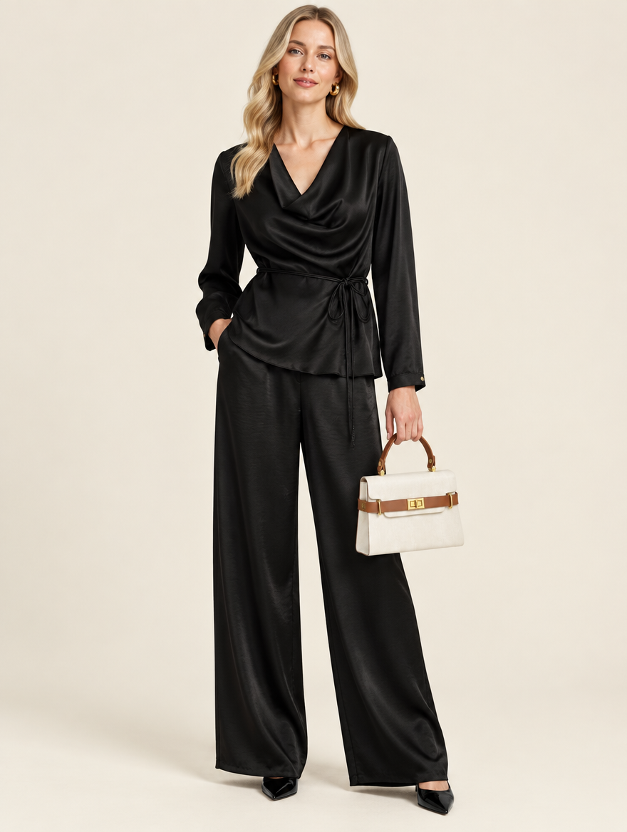 Completo in Raso con Blusa Scollo Morbido e Pantalone a Palazzo