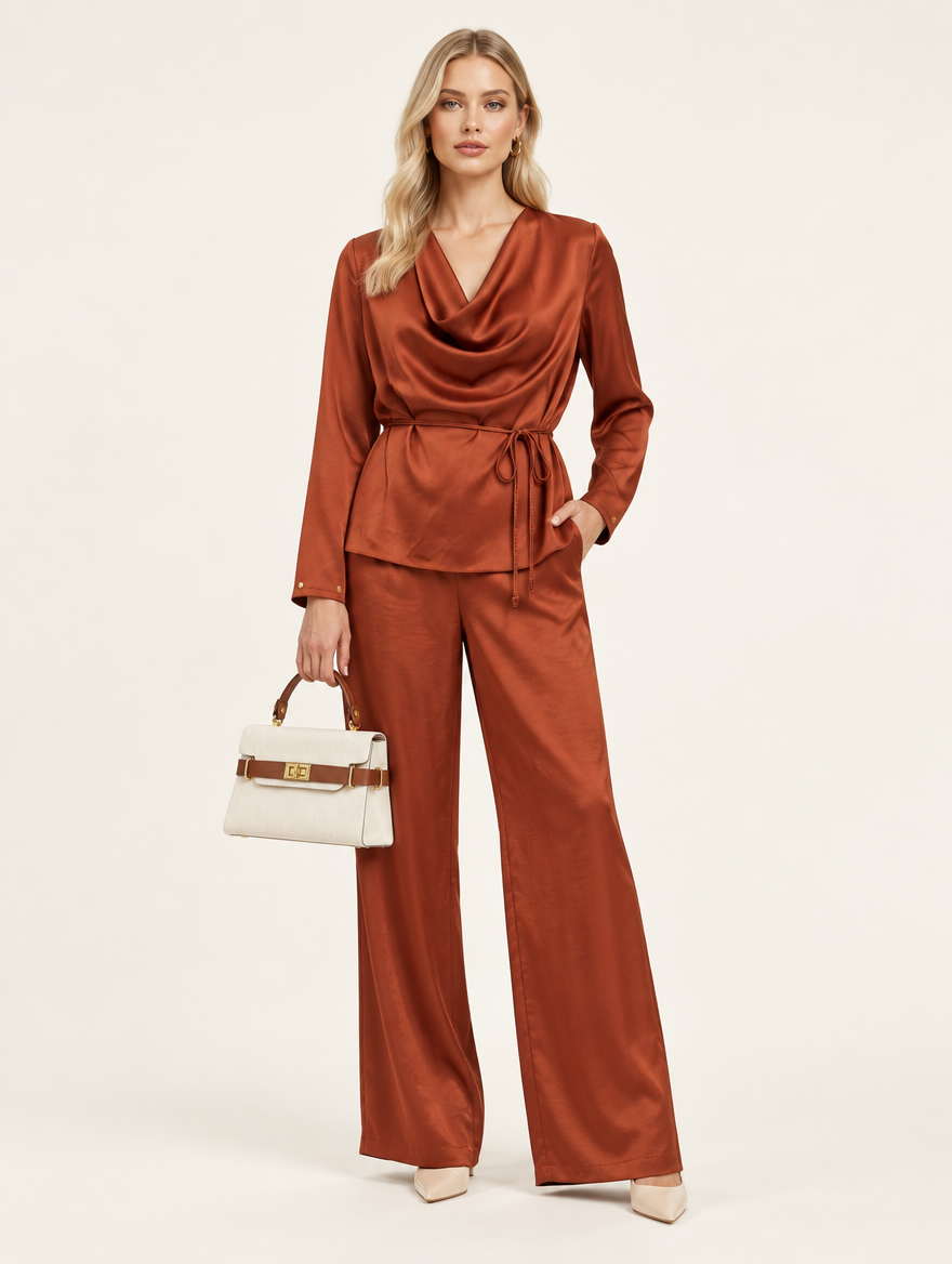 Completo in Raso con Blusa Scollo Morbido e Pantalone a Palazzo